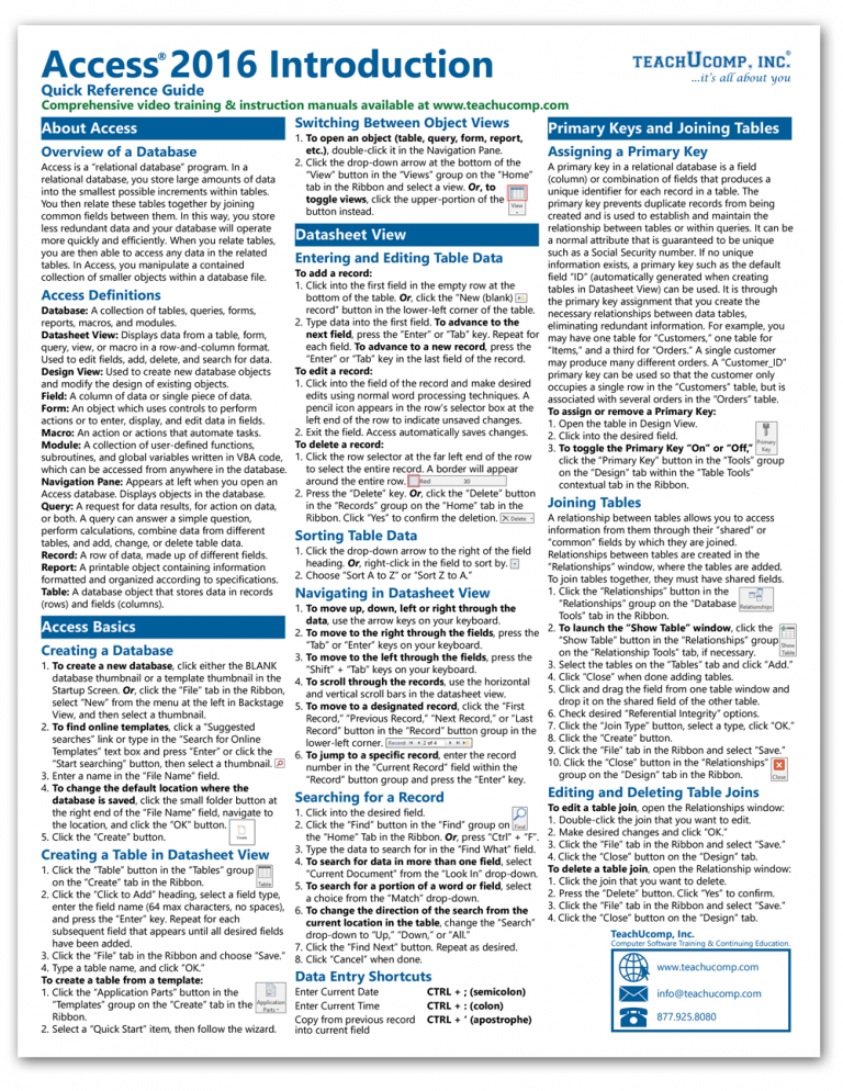 Access 2016 Introductory Quick Reference Guide – TeachUcomp, Inc.