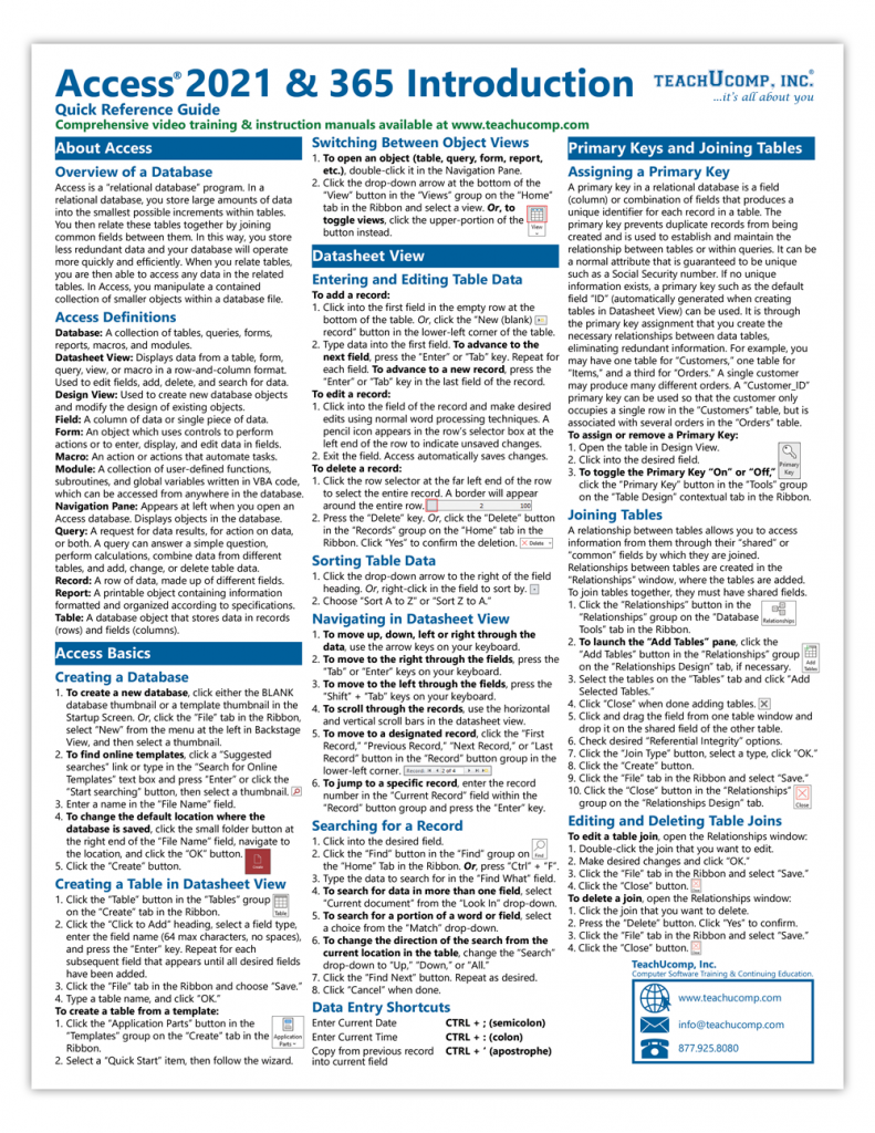 Access 2021 and 365 Introductory Quick Reference Guide Inc.