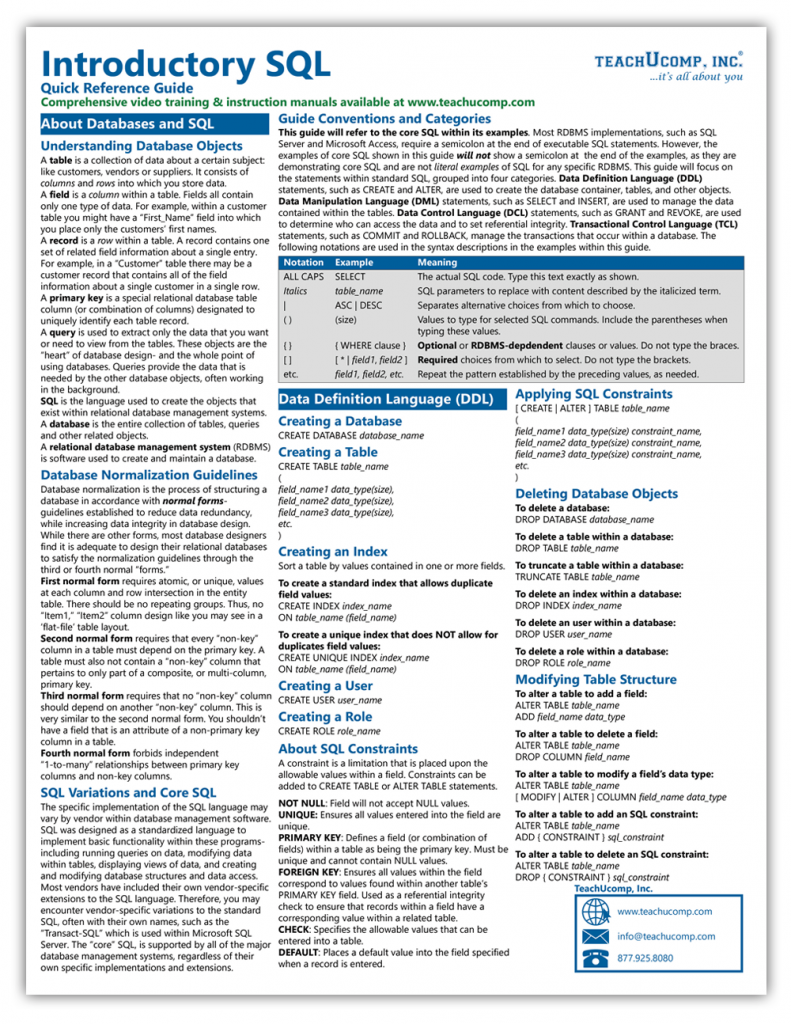 Introductory SQL Quick Reference Guide – TeachUcomp, Inc.